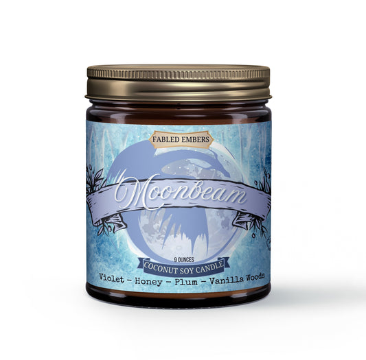  Immerse yourself in cosmic enchantment with our "Moonbeam" coconut soy candle! The mystical label, featuring a radiant moon and ethereal botanical details, transports you to worlds where destinies are woven under starlight. Scented with intoxicating violet, sweet honey, deep plum, and warm vanilla woods, it's the perfect companion for your next epic romance or a reread a favorite!
