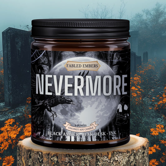 Candle jar labeled 'Nevermore' with a dark, gothic design on a wooden stump with a Halloween-themed background.