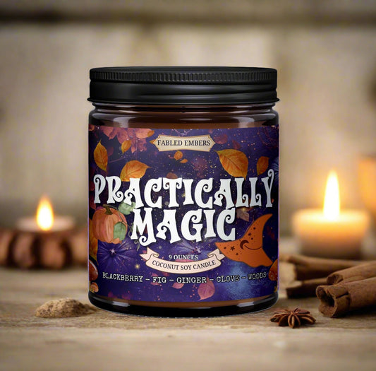 Candle jar with 'Practically Magic' label on a white background