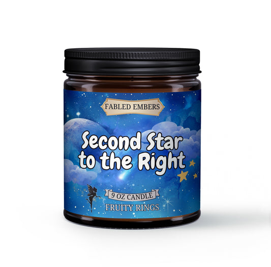 Second Star to the Right inspired by Peter Pan smells like fruity rings cereal. 9oz coconut soy wax candle. Fairy Tales and books