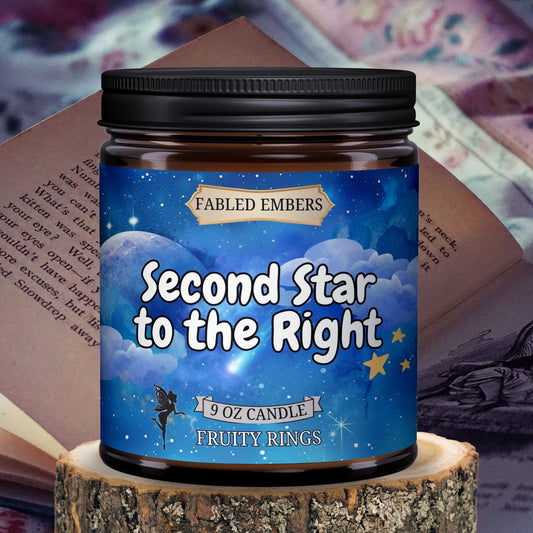 Second Star to the Right inspired by Peter Pan smells like fruity rings cereal. 9oz coconut soy wax candle. Fairy Tales and books