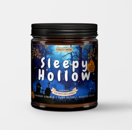 Candle jar labeled 'Sleepy Hollow' with a Halloween-themed label on a white background