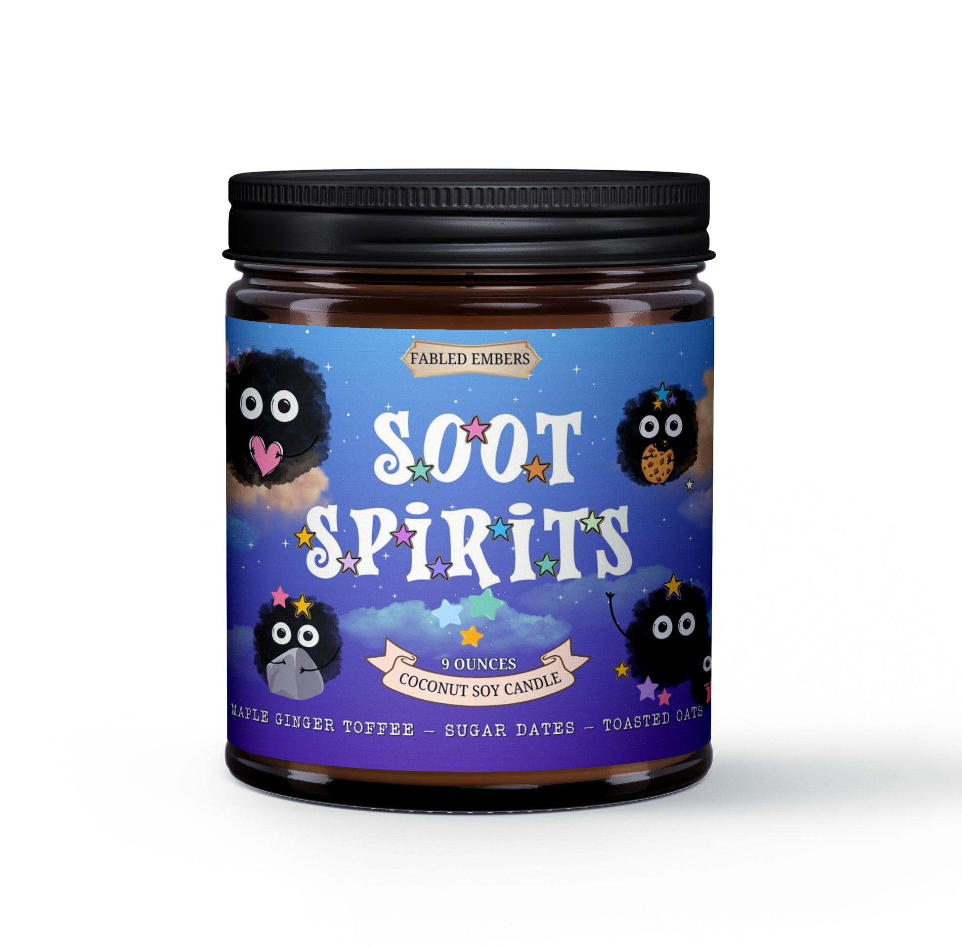 Jar of 'Soot Spirits' candle with a colorful label on a white background