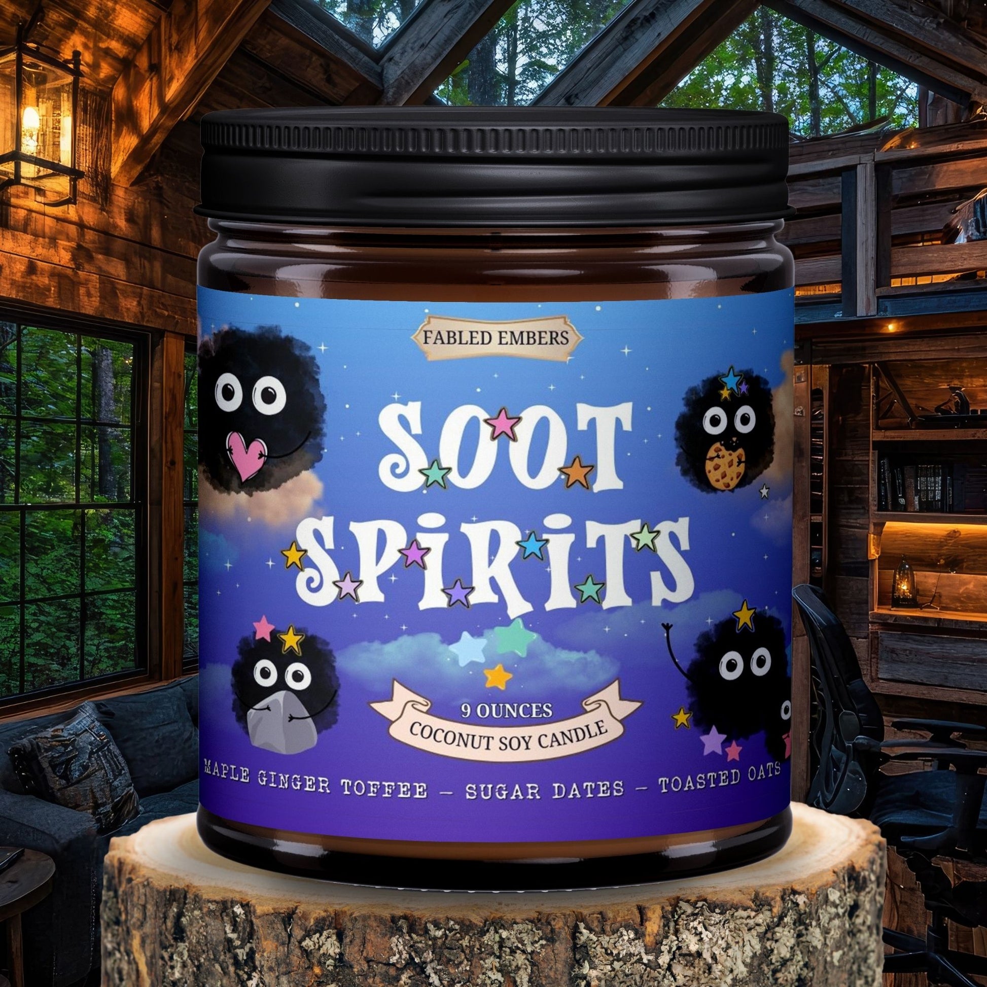 Candle jar labeled 'Soot Spirits' on a wooden platform with a cabin background