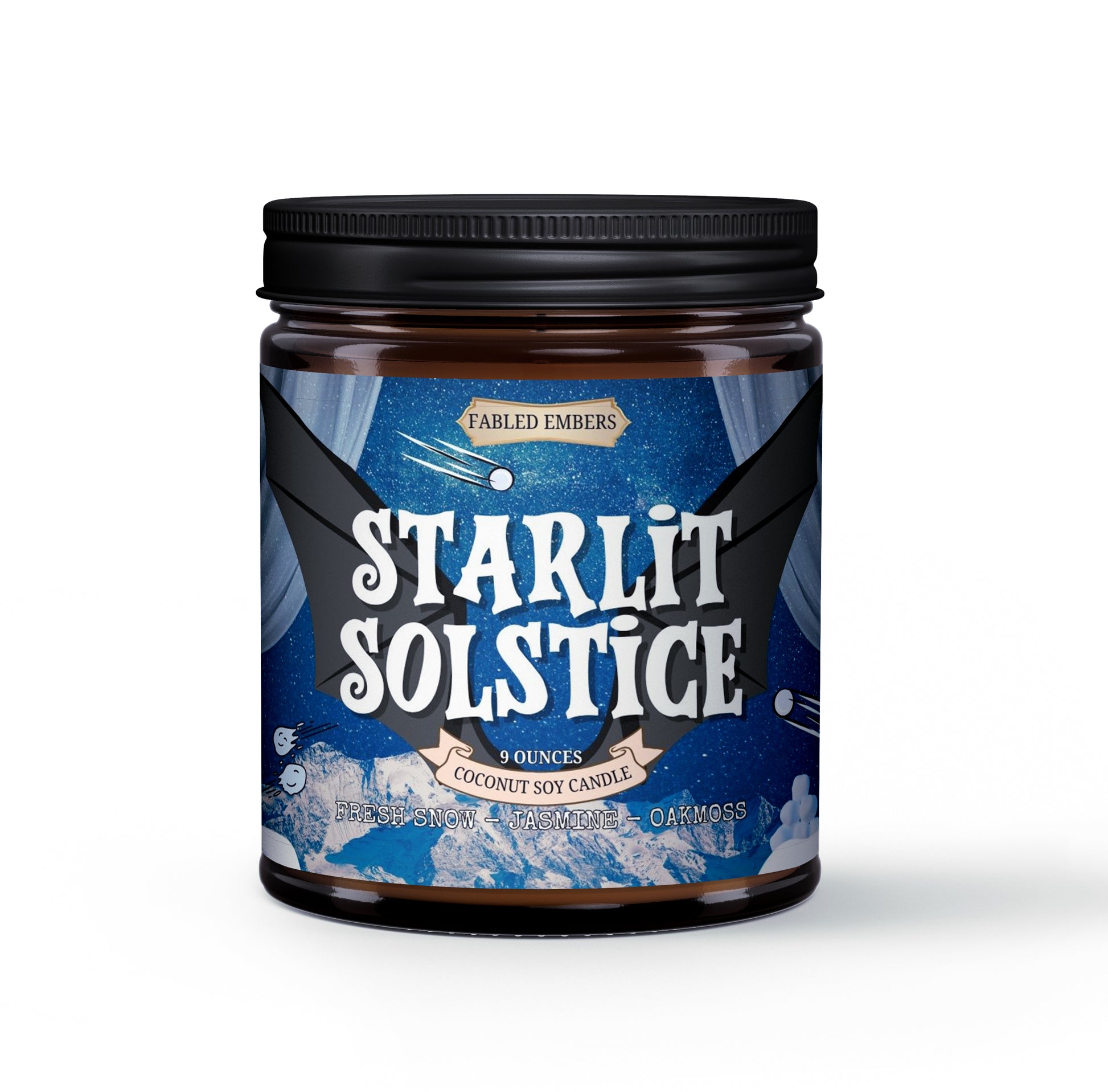 Candle jar labeled 'Starlit Solstice' by Fabled Embers on a white background