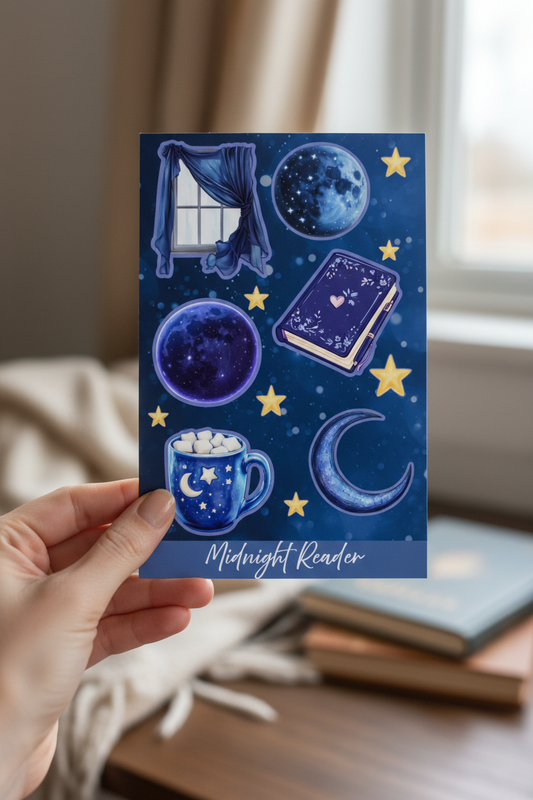 Sticker Sheet with celestial design held by a hand, featuring moon, star, and book illustrations.
