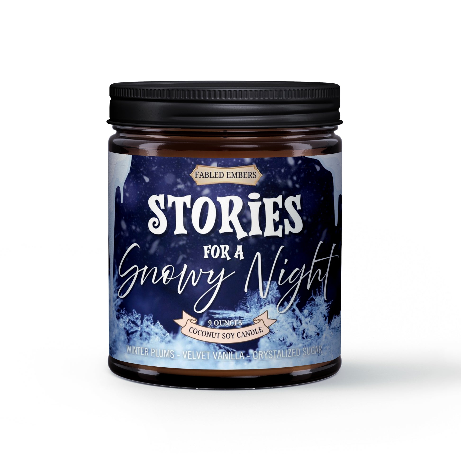 Candle jar labeled 'Stories for a Snowy Night' with a winter-themed design on a white background
