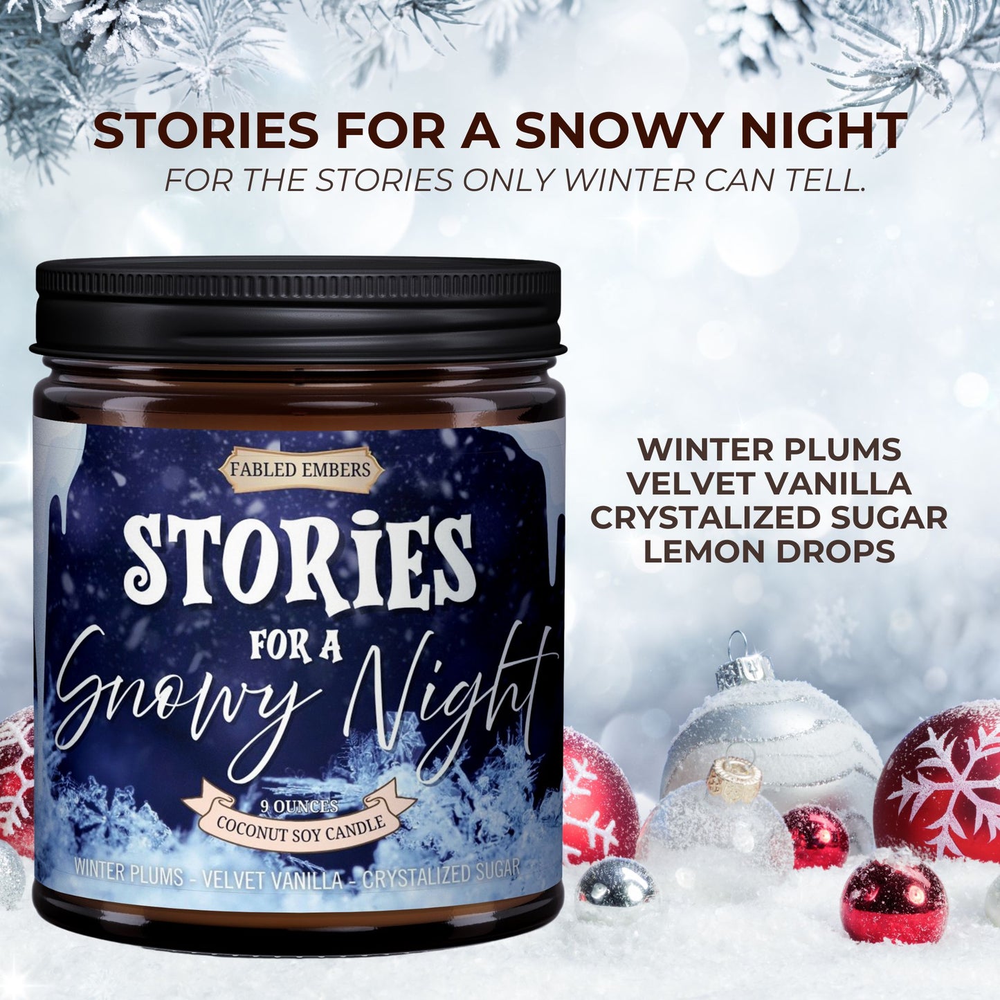 Candle jar labeled 'Stories for a Snowy Night' with winter-themed decorations.