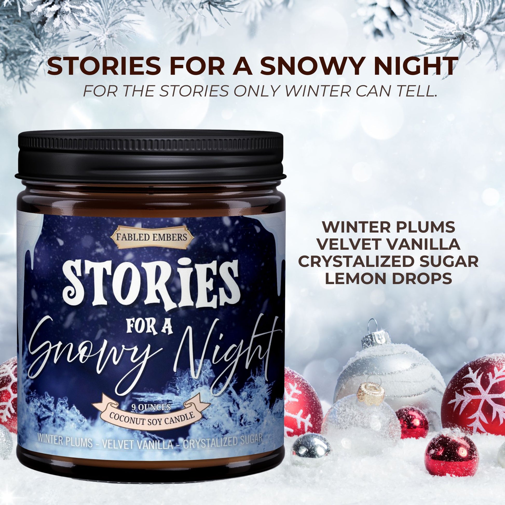 Candle jar labeled 'Stories for a Snowy Night' with winter-themed decorations.