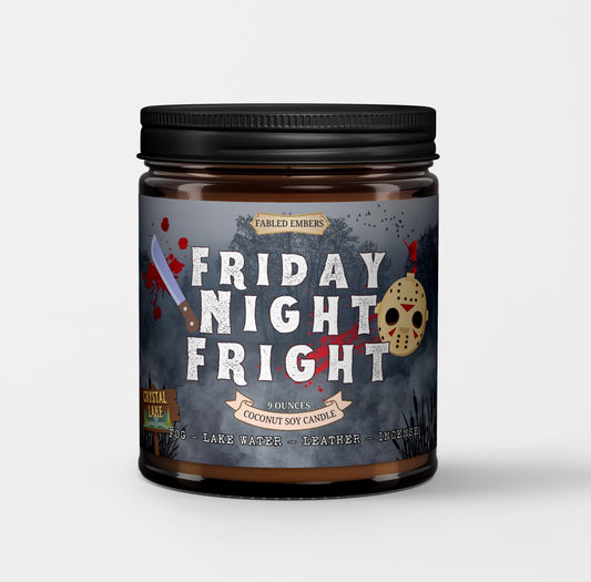 Candle jar labeled 'Friday Night Fright' with horror-themed design on a white background
