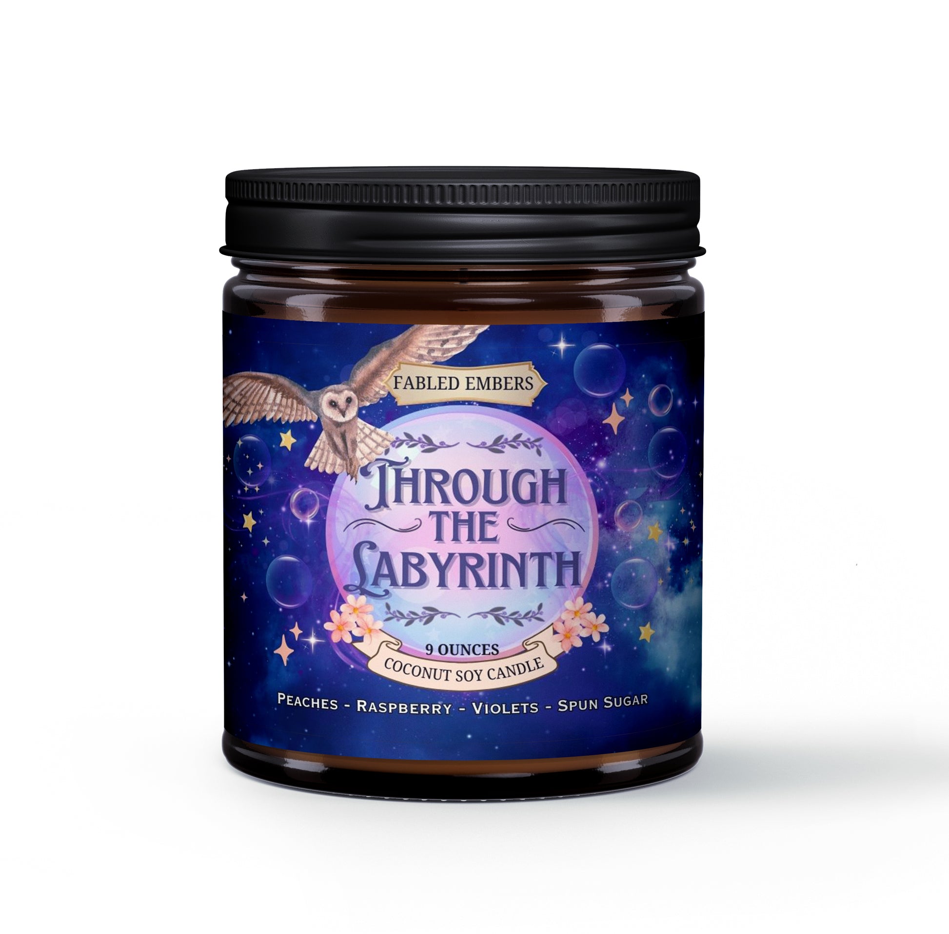 Get lost in a world of enchantment with our "Through the Labyrinth" coconut soy candle. The captivating label features a whimsical owl soaring over a starry, swirling galaxy, with delicate floral accents. Scented with a dreamy blend of peaches, raspberry, violets, and spun sugar, it's perfect for escaping into your favorite fantasy novels.