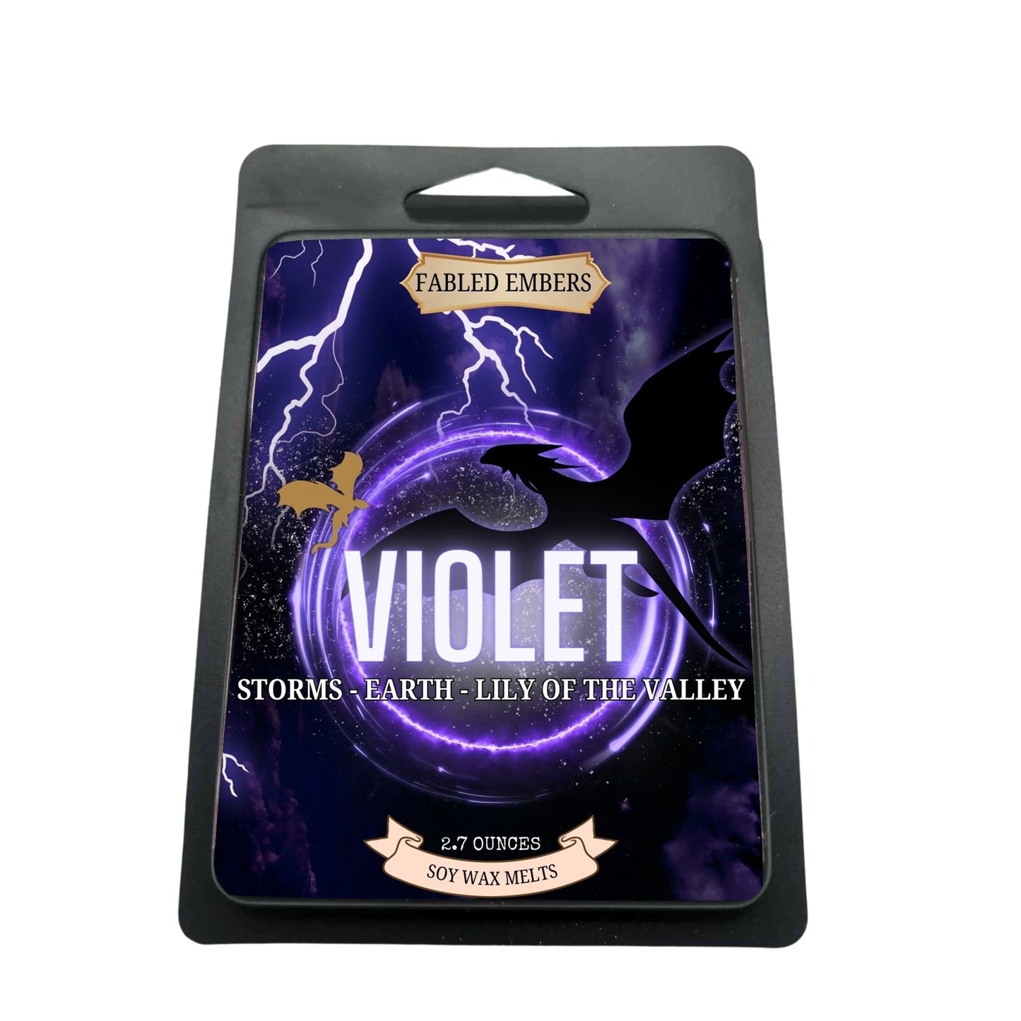 Packaged product with 'Fabled Embers' branding and 'Violet' theme on a white background