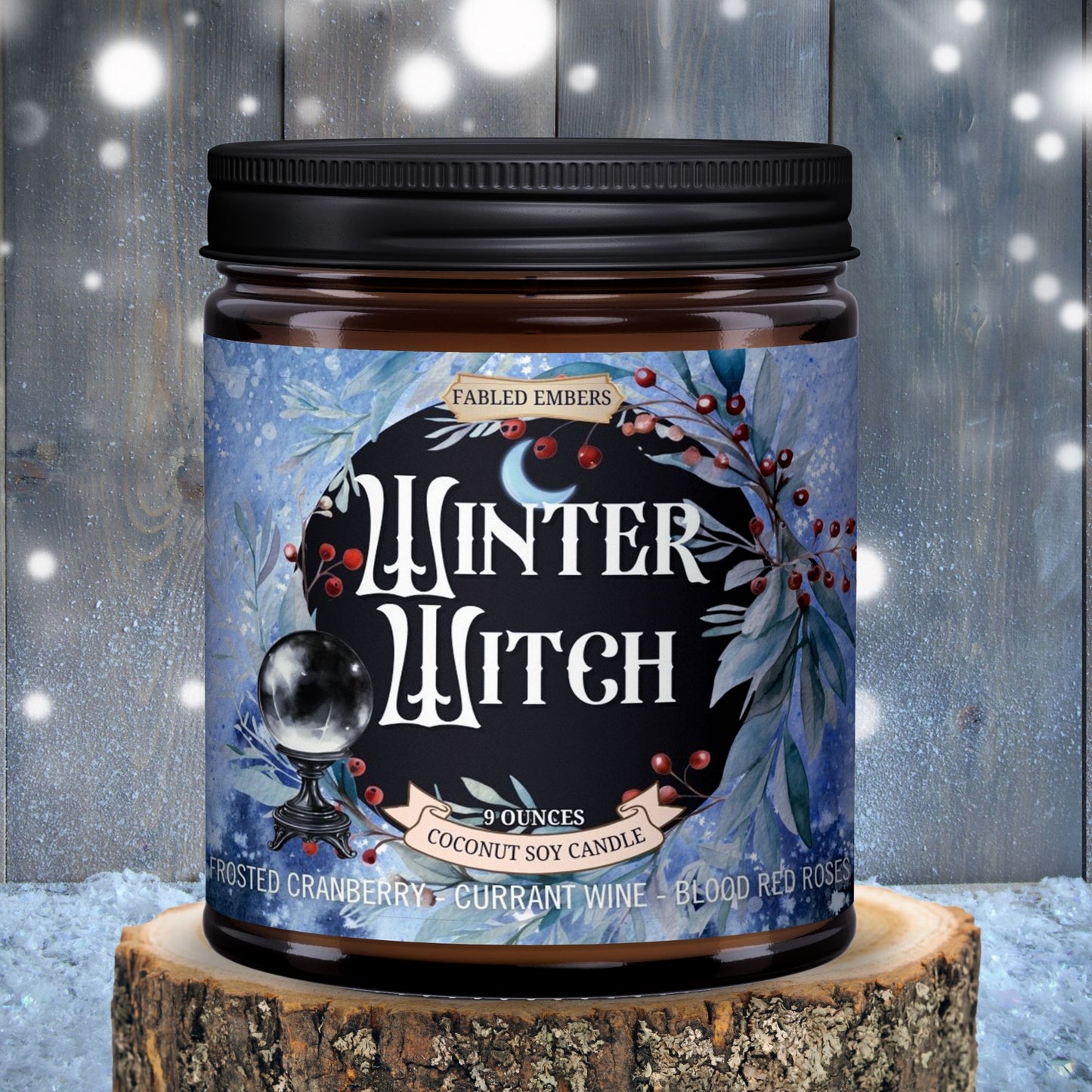 Candle jar labeled 'Winter Witch' on a wooden stump with a snowy background