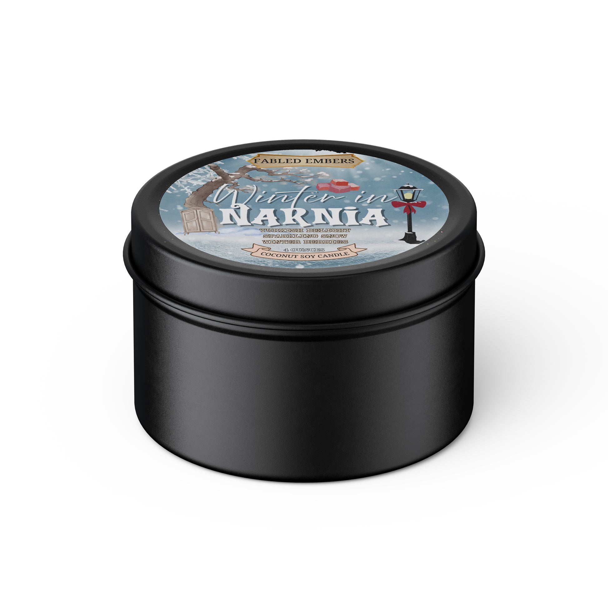 Black candle tin with a decorative label on a white background