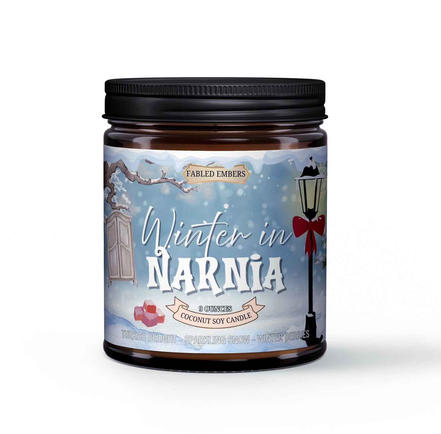 Candle jar with 'Winter in Narnia' label on a white background