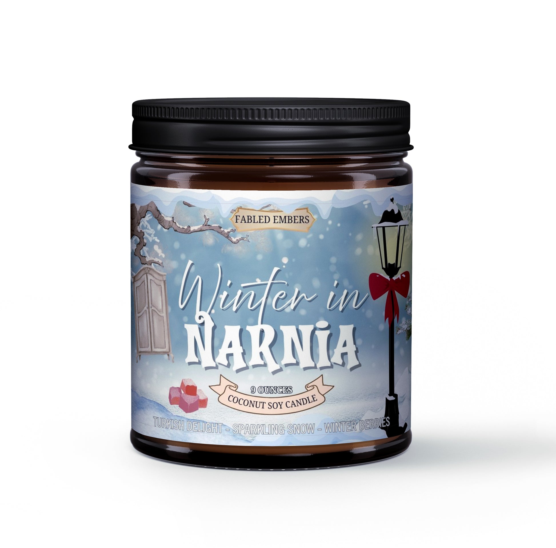 Candle jar with 'Winter in Narnia' label on a white background