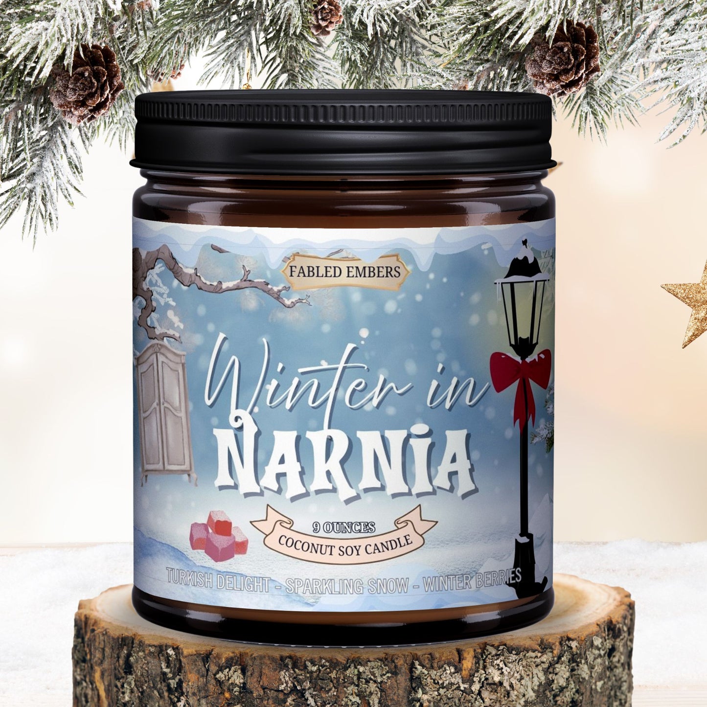 Candle jar labeled 'Winter in Narnia' by Fabled Embers on a wooden block with Christmas decorations.