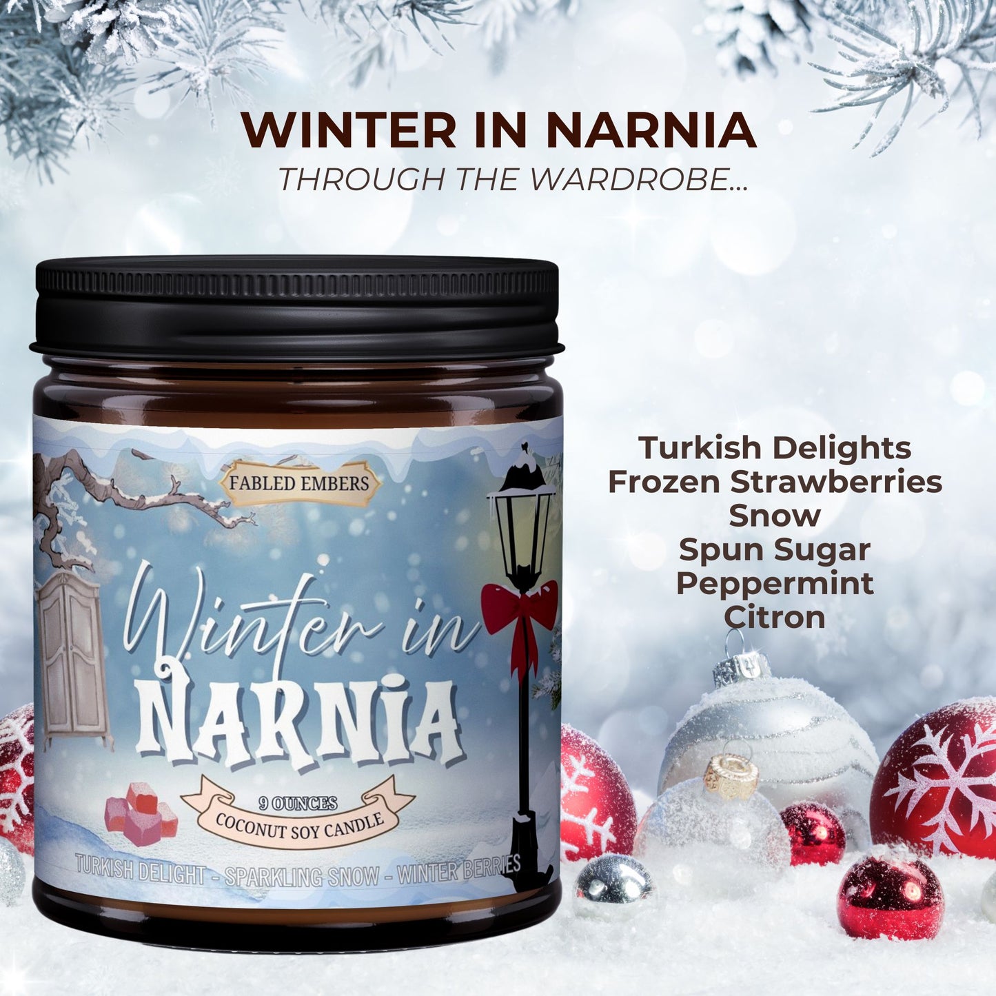 Candle jar labeled 'Winter in Narnia' with winter-themed decorations on a snowy background.