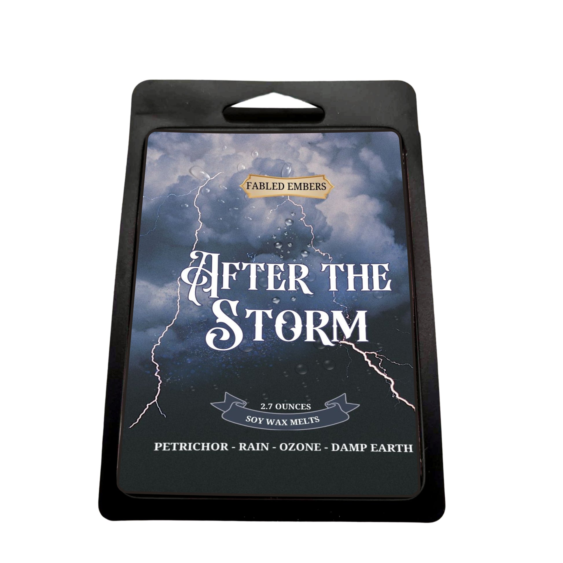 Packaging for 'After the Storm' soy wax melts by Fabled Embers with stormy sky design.
