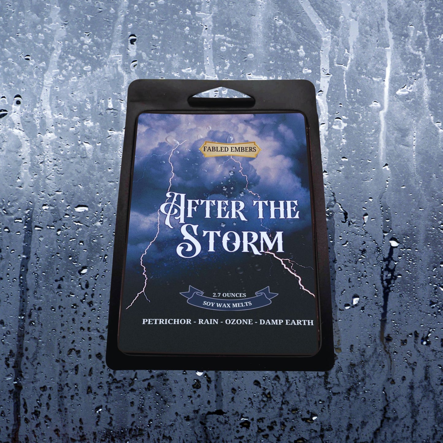 Fabled Embers 'After the Storm' wax melt packaging on a textured blue background