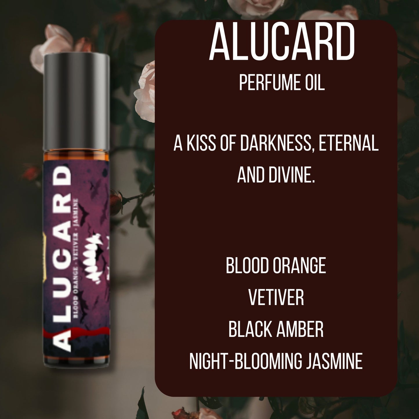 Alucard perfume oil with description on a dark background