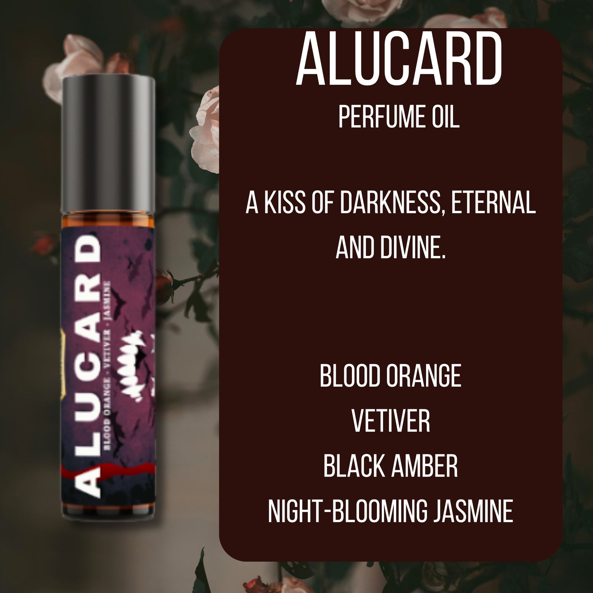Alucard perfume oil with description on a dark background