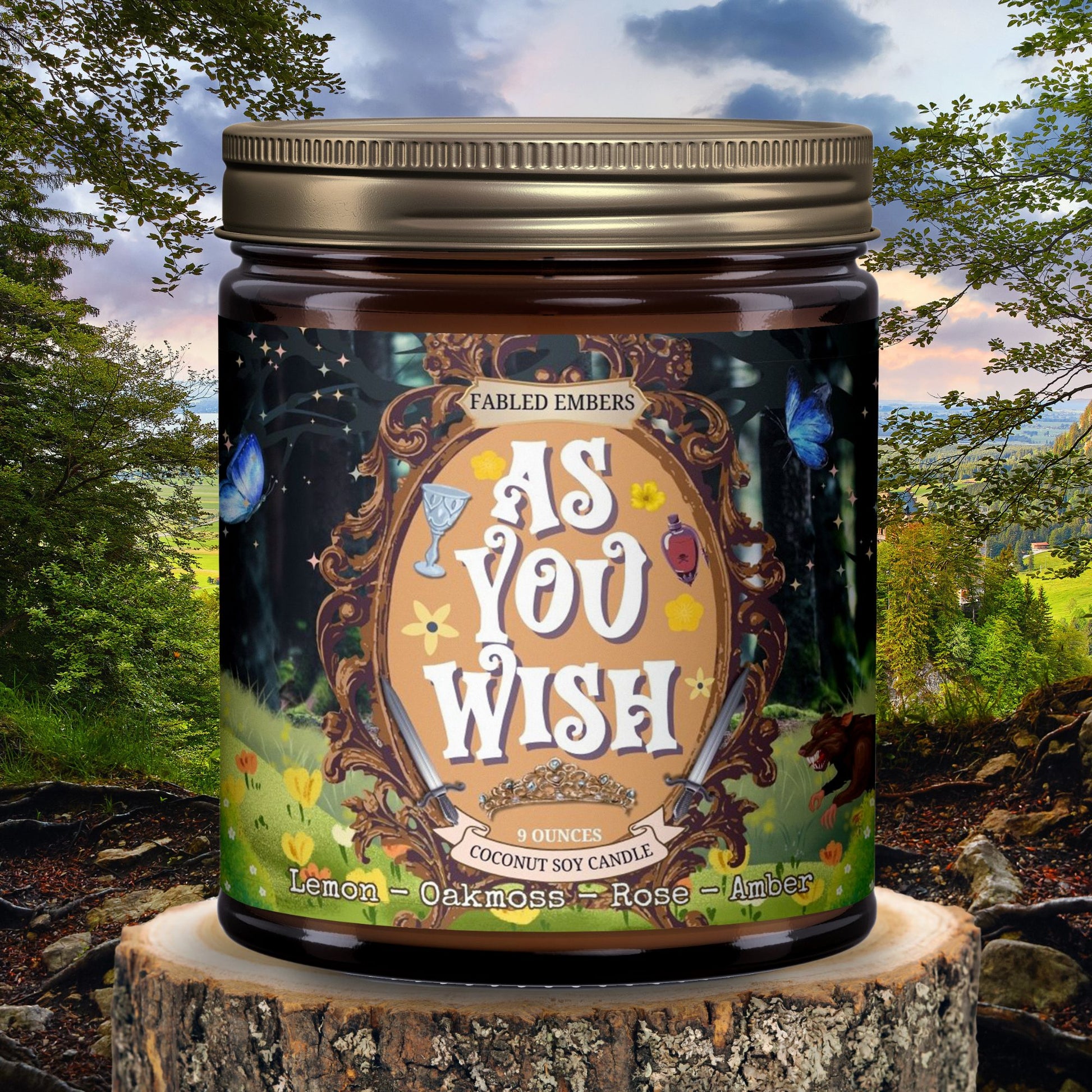 "As You Wish" coconut soy candle is simply inconceivable! The enchanting label, featuring an ornate frame with swords, goblets, and those iconic blue butterflies, captures the magic of your favorite nostalgic fairy tale. Scented with lemon, oakmoss, rose, and amber, it's perfect for reliving epic adventures (or just enjoying a cozy read).