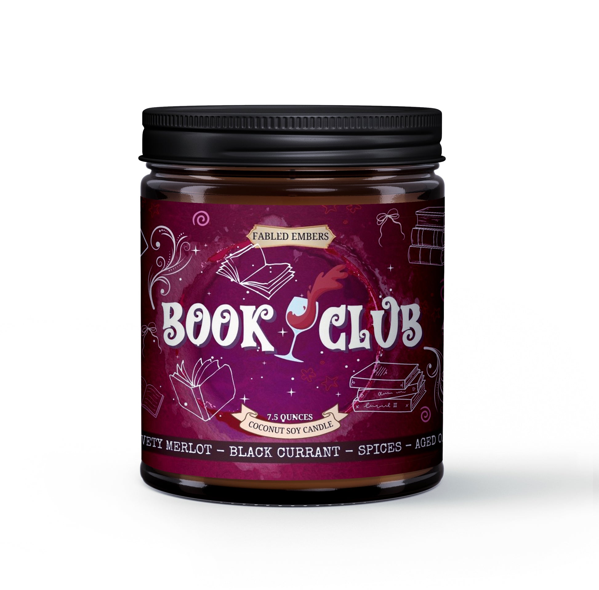 Jar of candle with 'Book Club' label on a white background