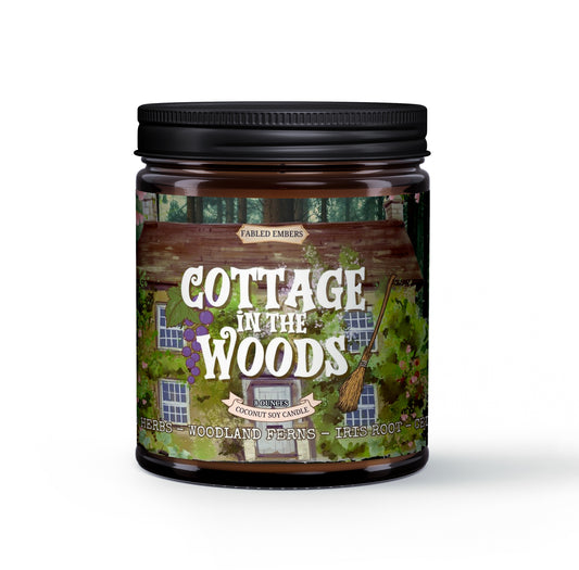 Candle jar with 'Cottage in the Woods' label on a white background