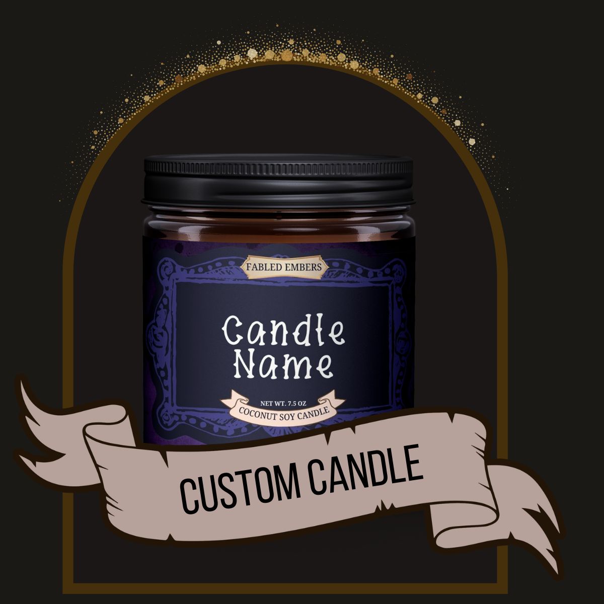 Custom candle jar with decorative label on a dark background