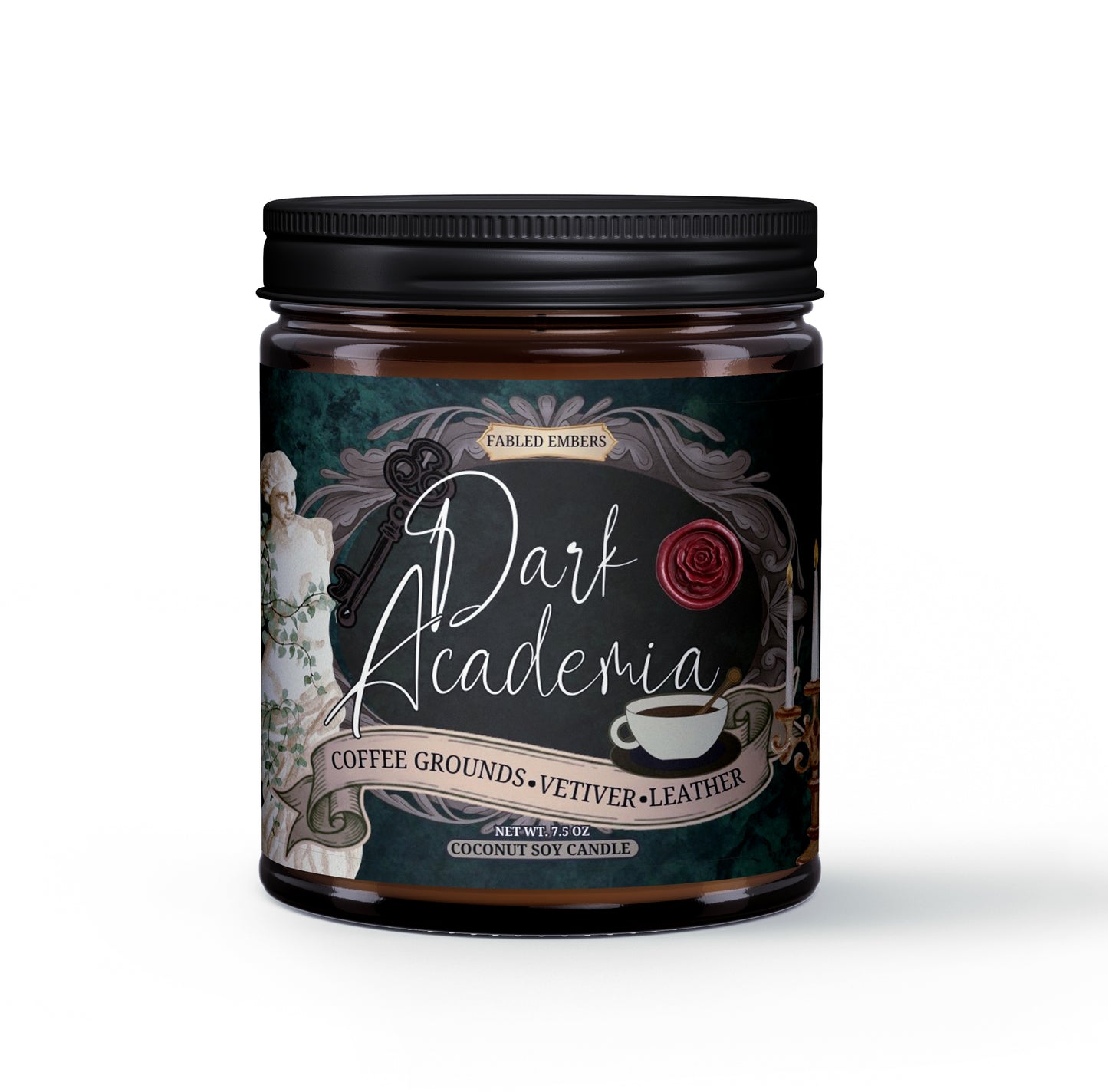 Jar of 'Dark Academia' candle with decorative label on a white background