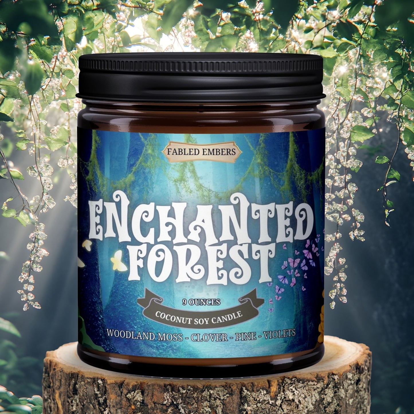 Candle jar labeled 'Enchanted Forest' by Fabled Embers on a natural background