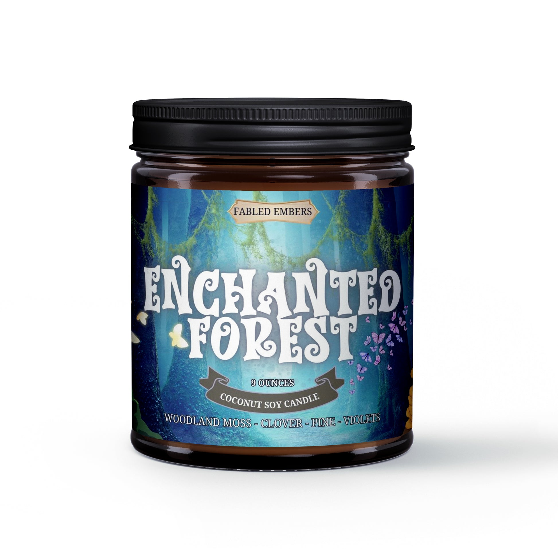 Candle jar labeled 'Enchanted Forest' with a blue label on a white background