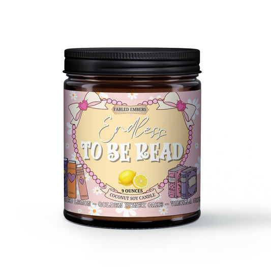 Candle jar with 'Endless To Be Read' label on a white background