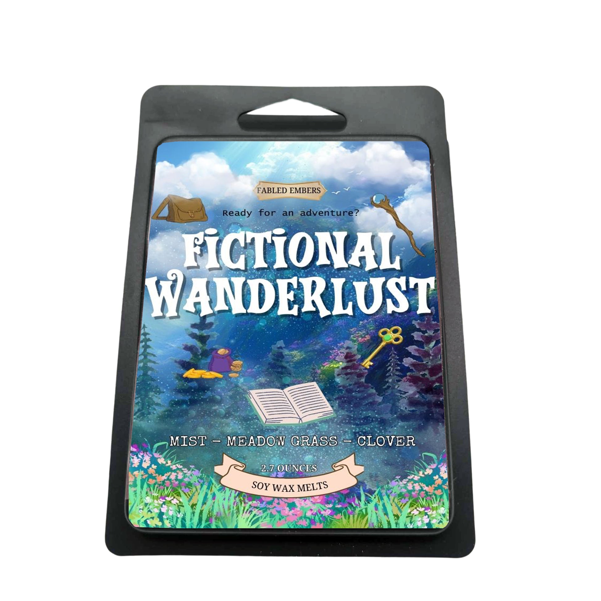Packaging of 'Fictional Wanderlust' with a fantasy-themed design on a white background
