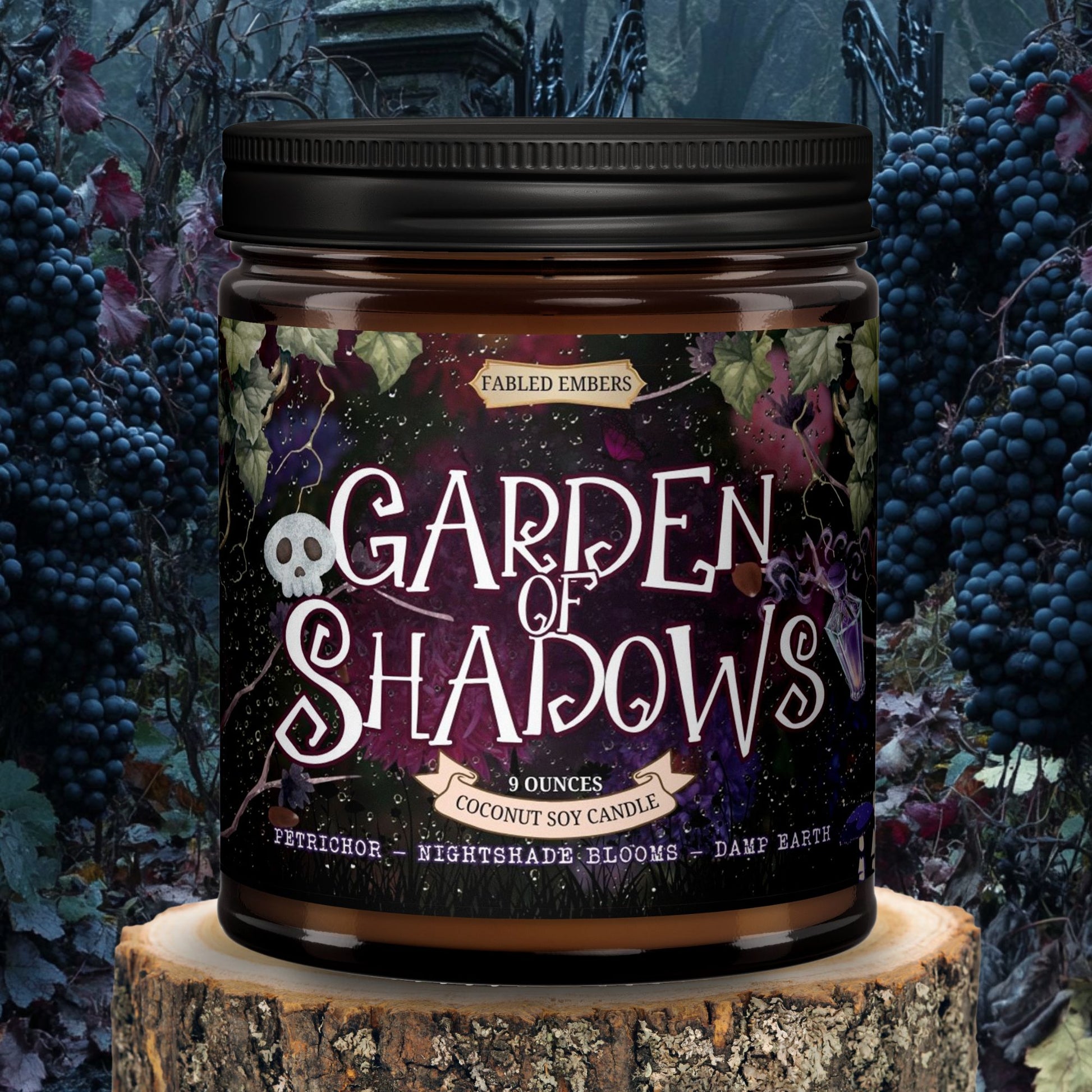 Candle jar labeled 'Garden of Shadows' with a dark, mystical background