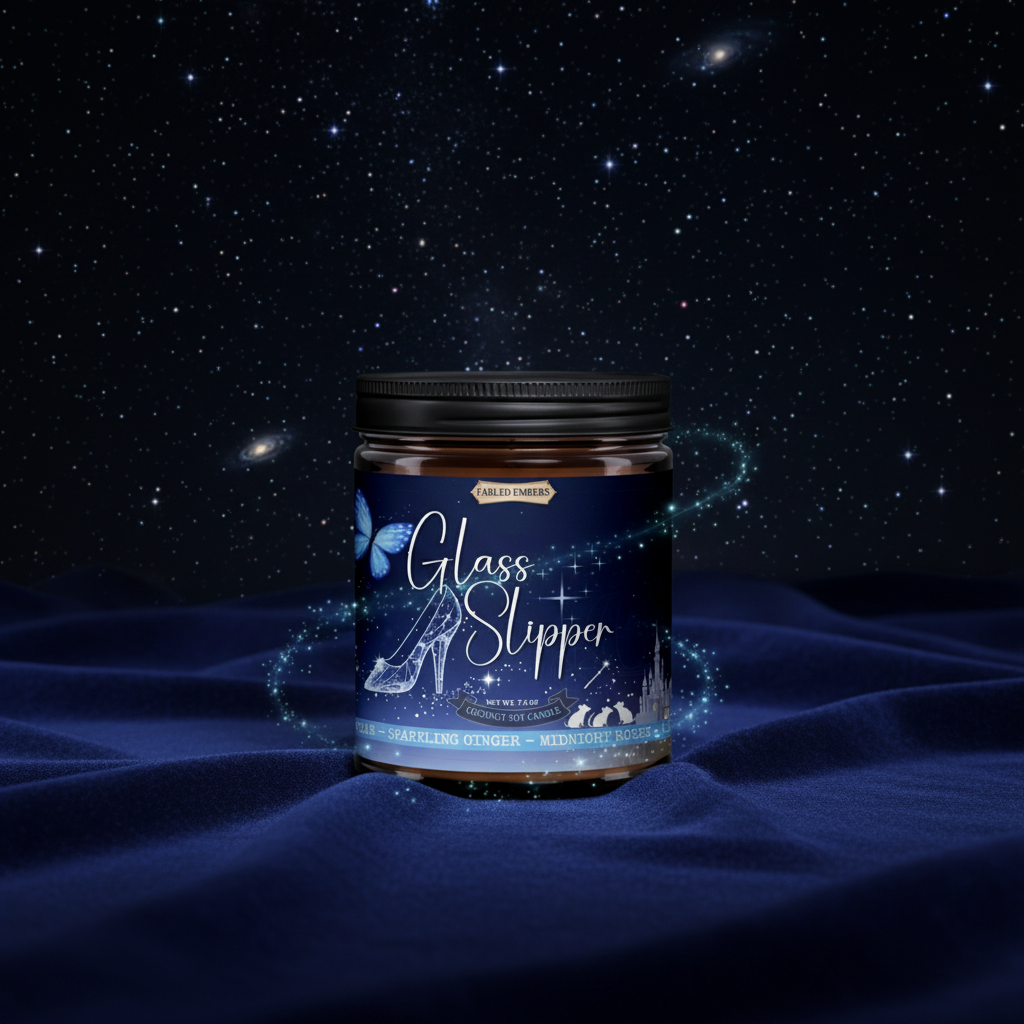 Jar labeled 'Glass Slipper' on a dark blue fabric background with a starry night sky.