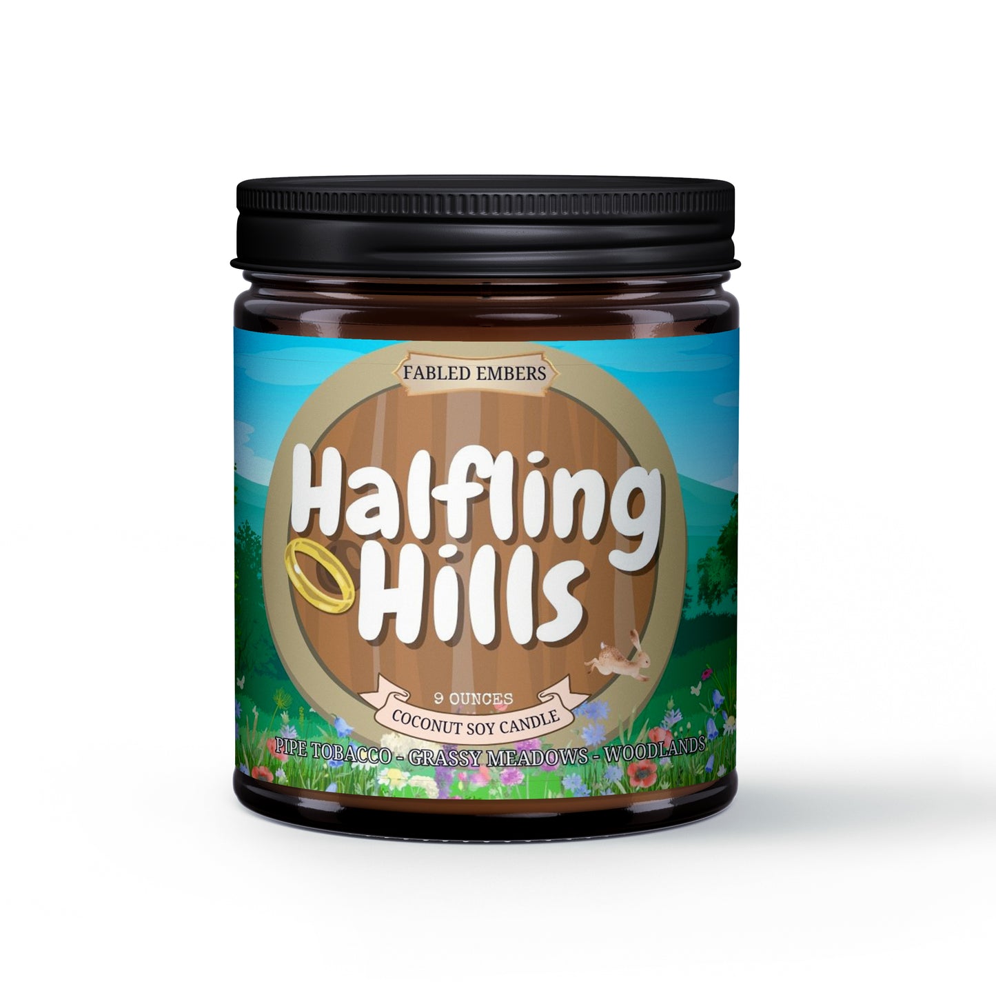 Candle jar with 'Halfling Hills' label on a white background