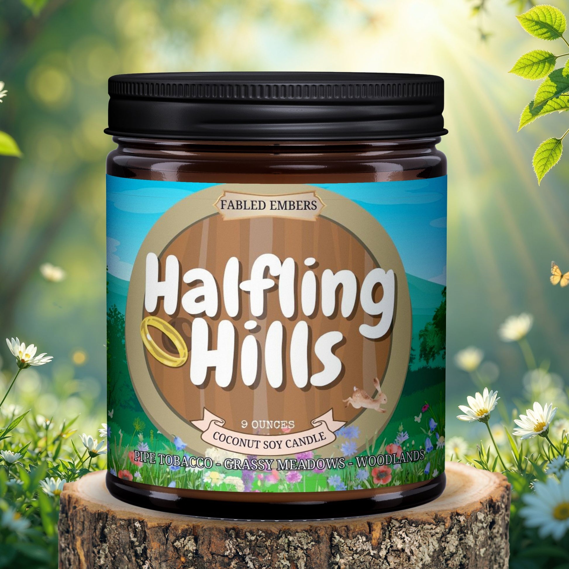 Candle jar labeled 'Halfling Hills' on a wooden stump with a natural background