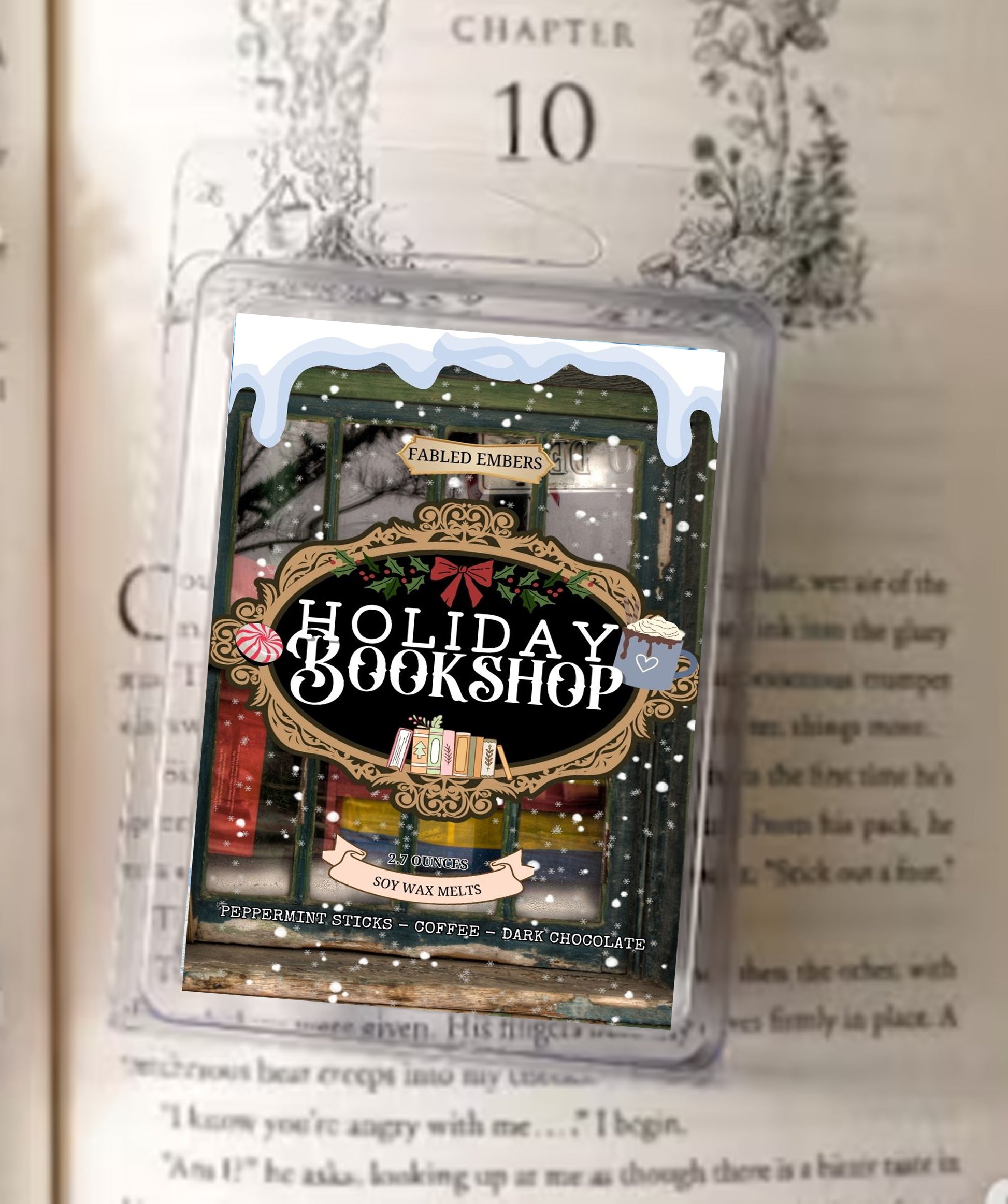 Fragrance wax melt packaging labeled 'Holiday Bookshop' on an open book