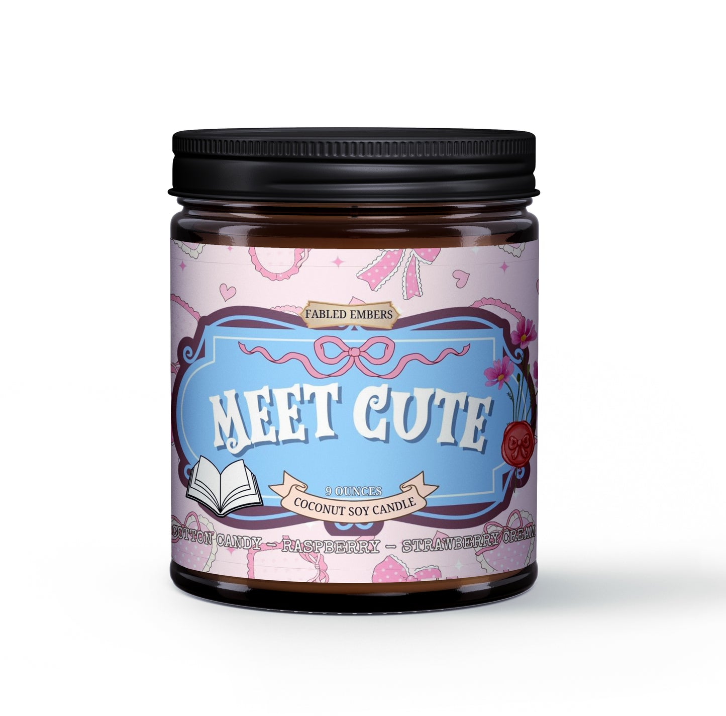 Candle jar labeled 'Meet Cute' on a white background