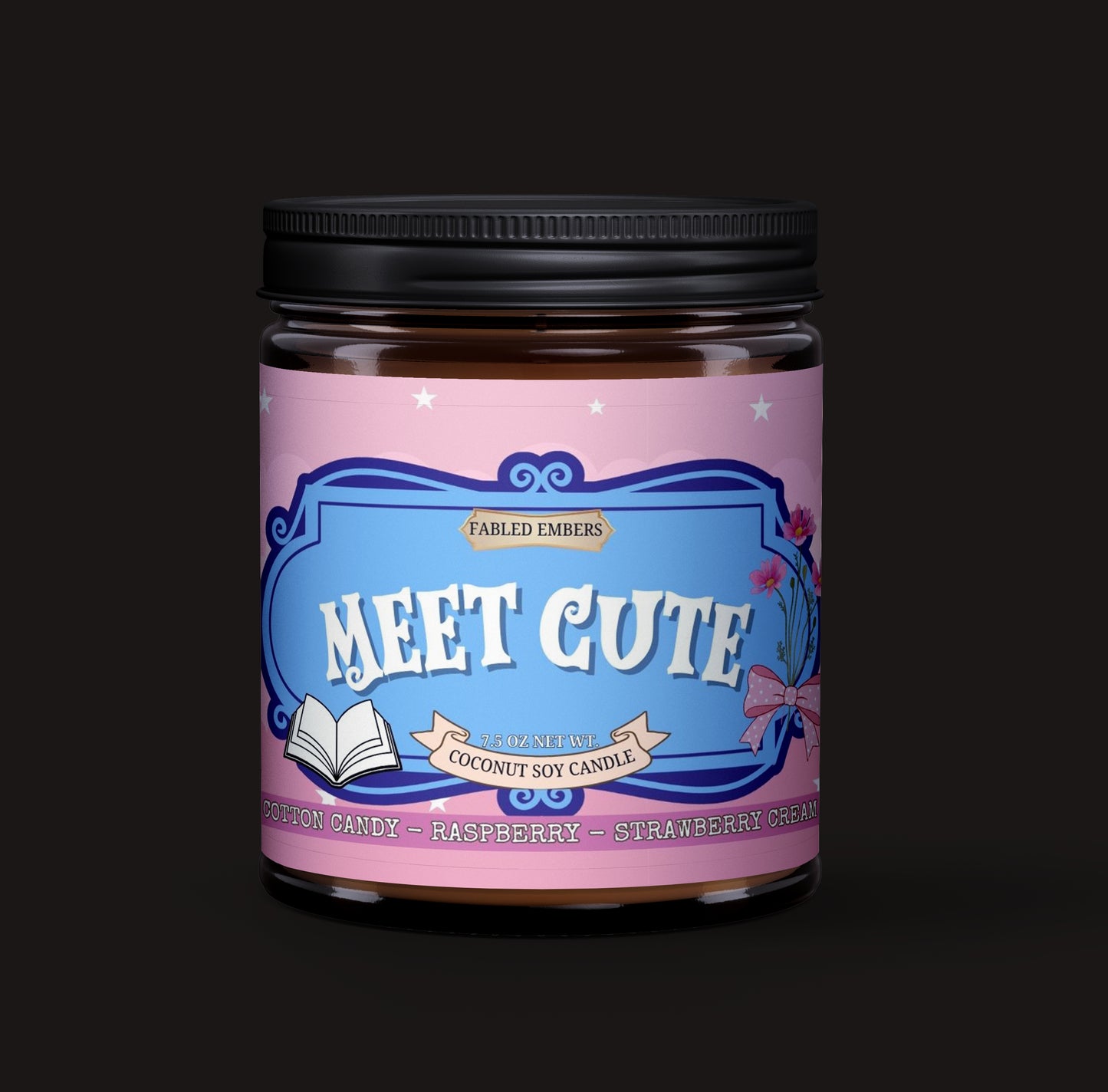 Candle jar labeled 'Meet Cute' by Fabled Embers on a dark background