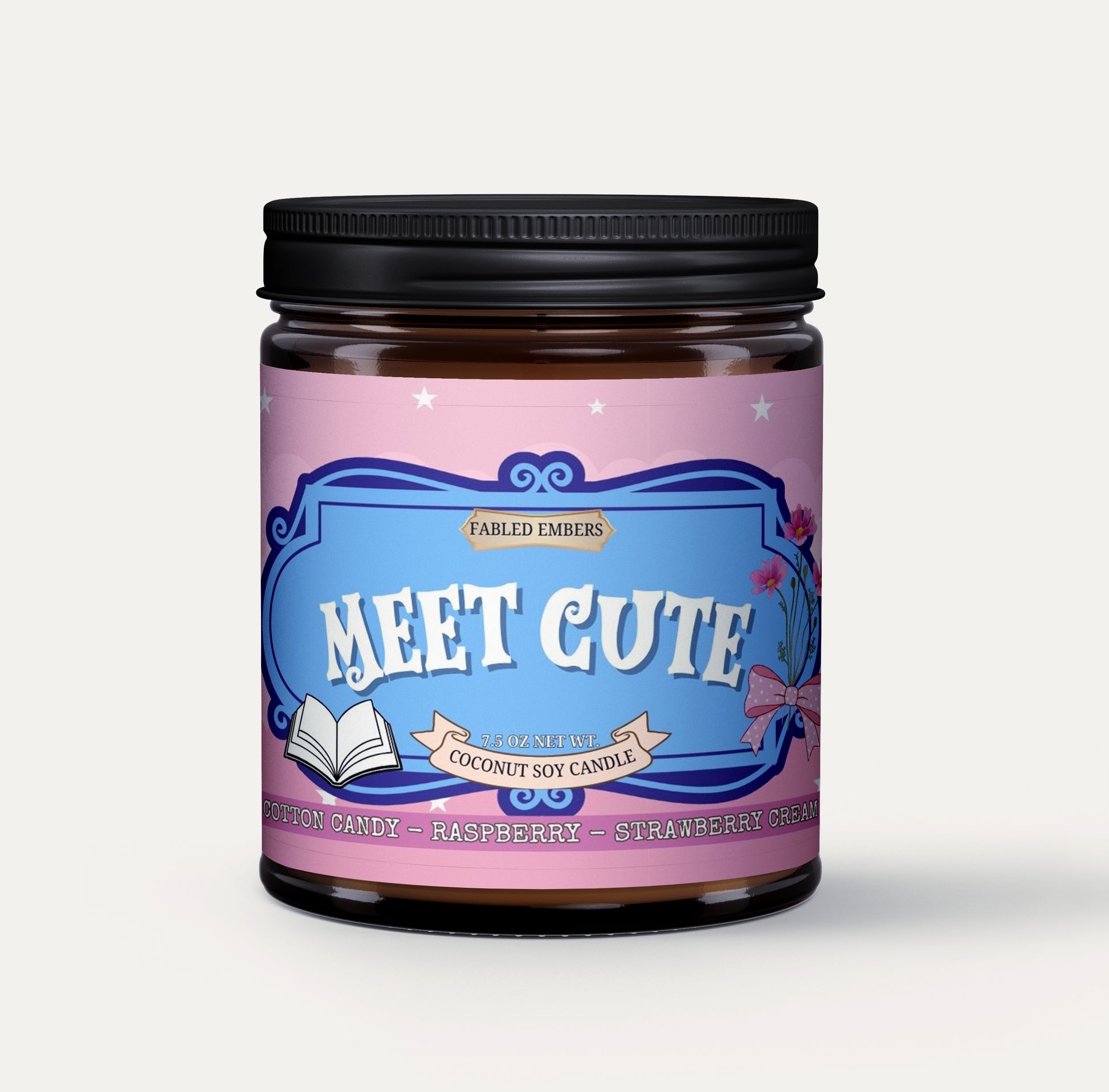 Candle jar with 'Meet Cute' label on a white background