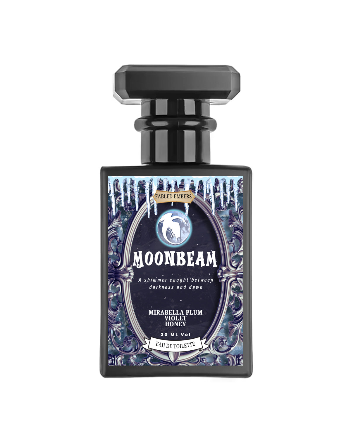 Perfume bottle labeled 'Moonbeam' on a white background