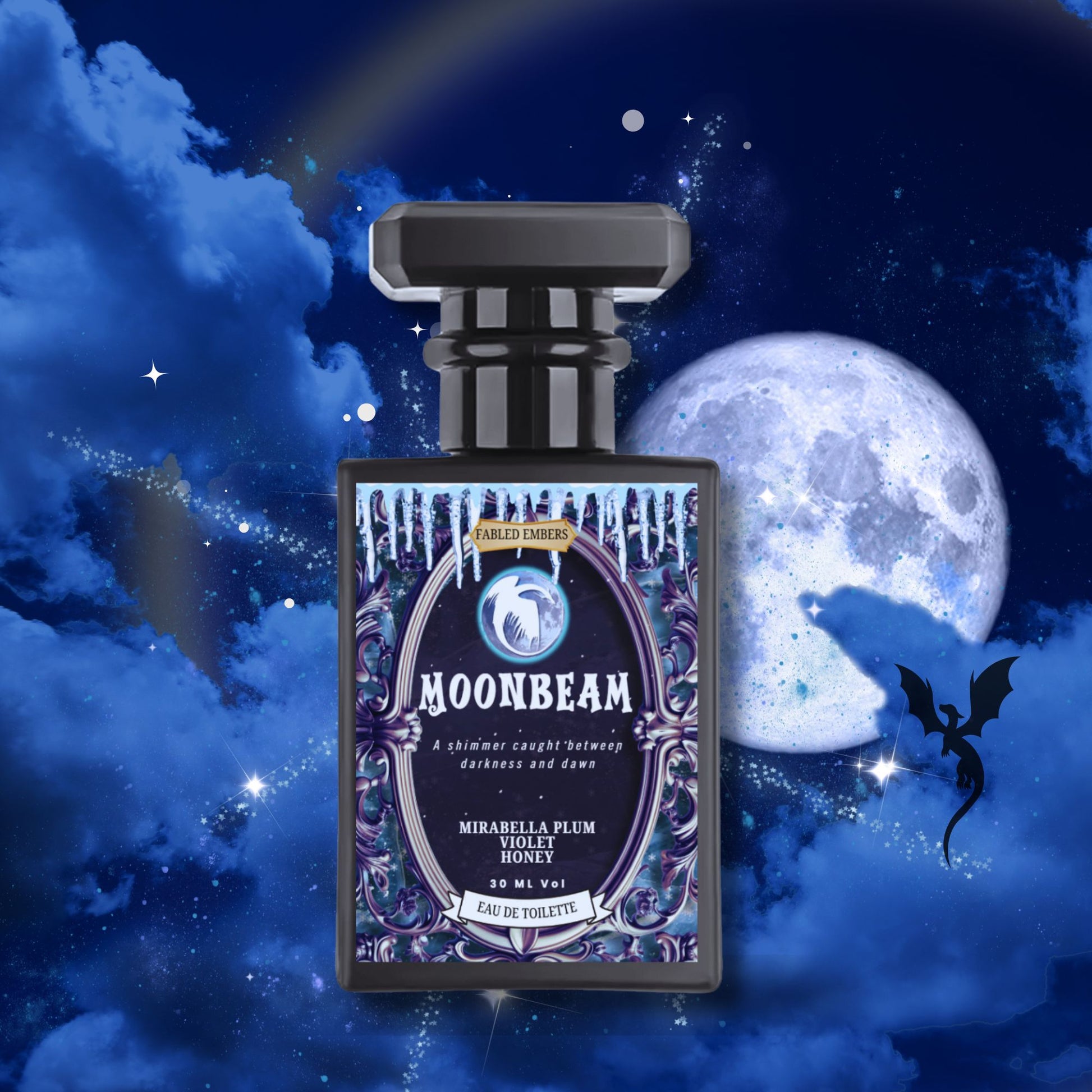 Perfume bottle labeled 'Moonbeam' with a moon and cloud background