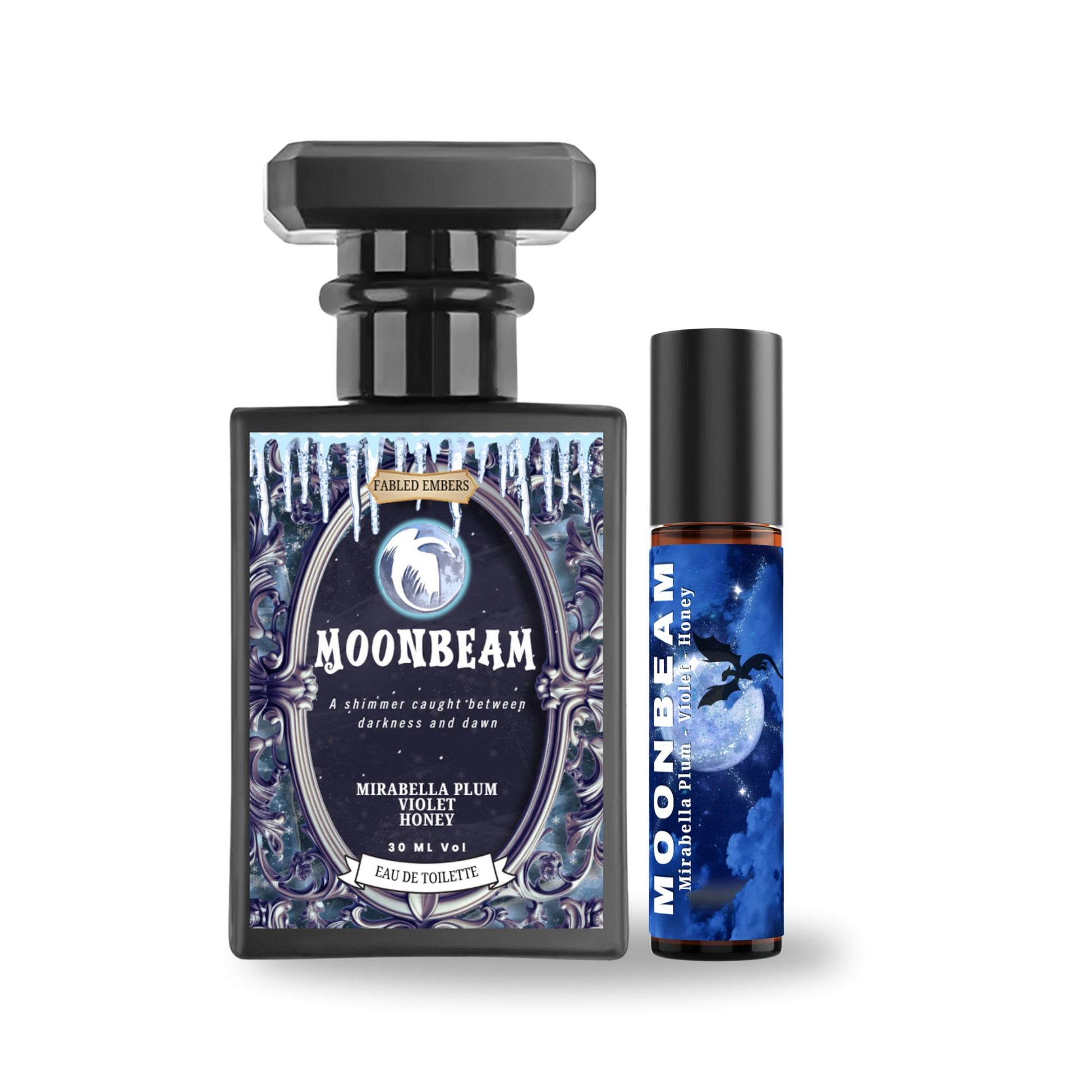 Two Moonbeam perfume bottles on a white background