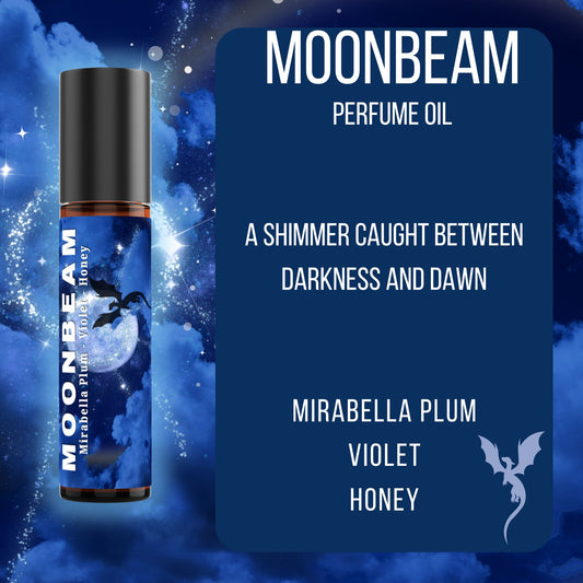 Moonbeam perfume oil with packaging against a blue celestial background