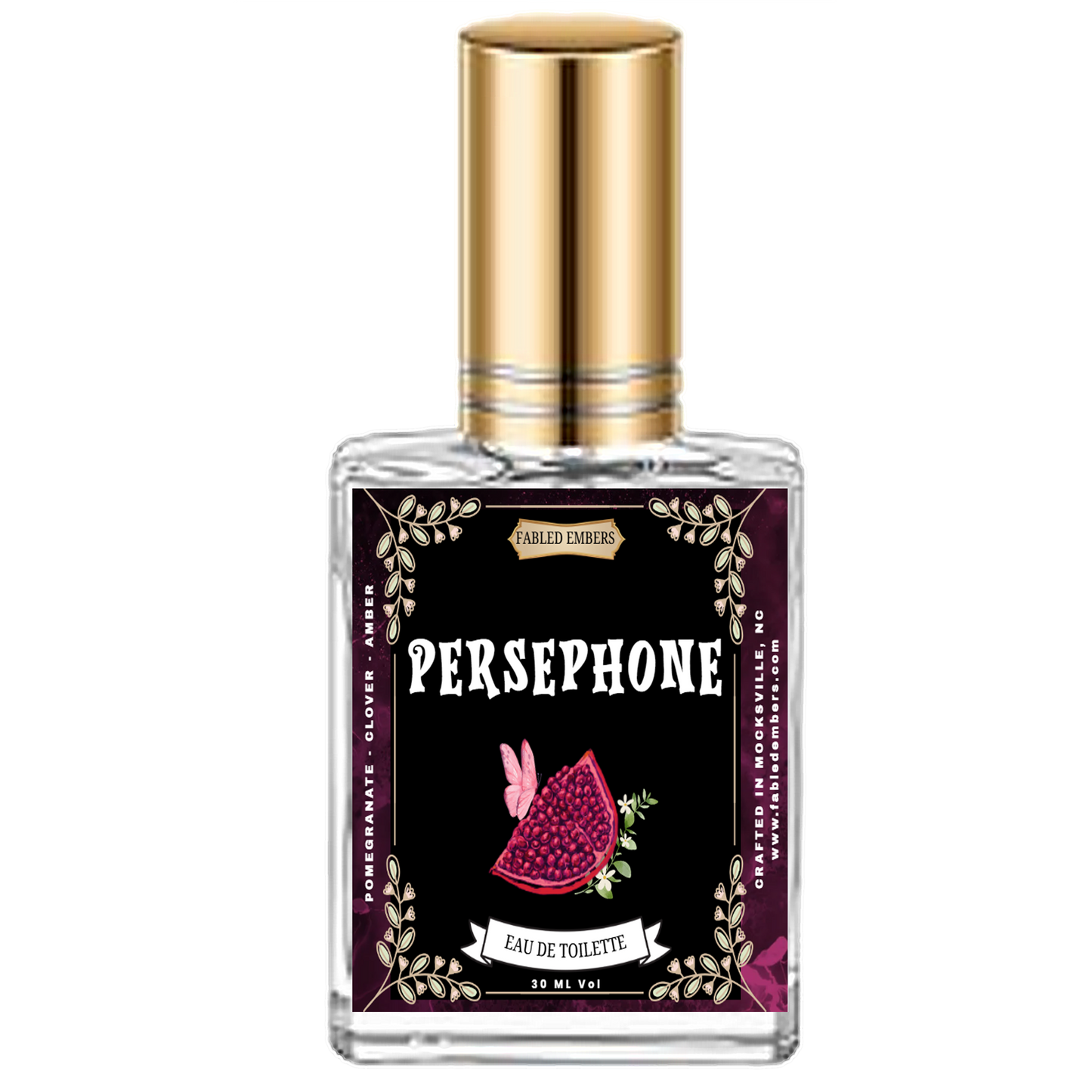 Persephone perfume bottle with gold cap on a white background
