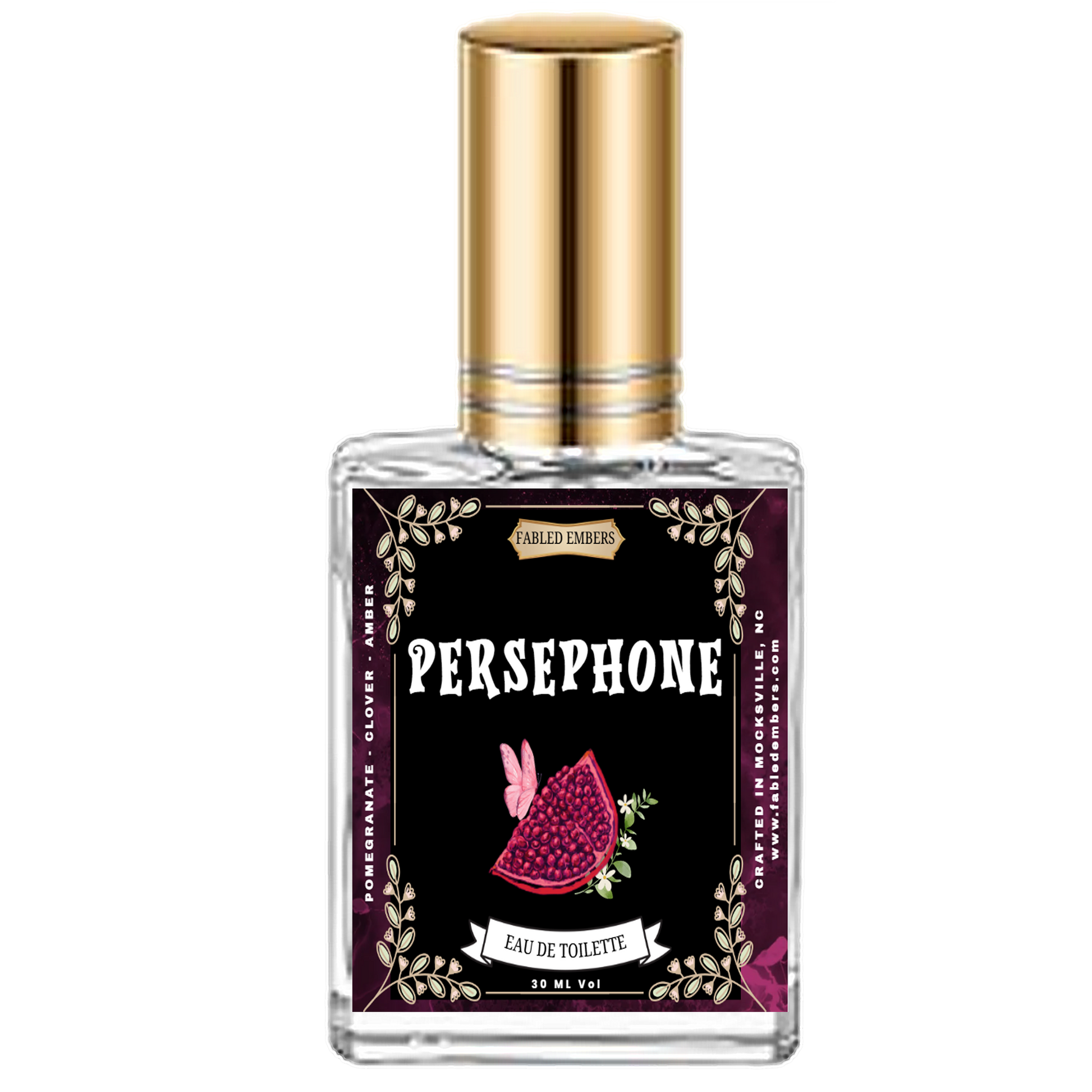 Persephone perfume bottle with gold cap on a white background