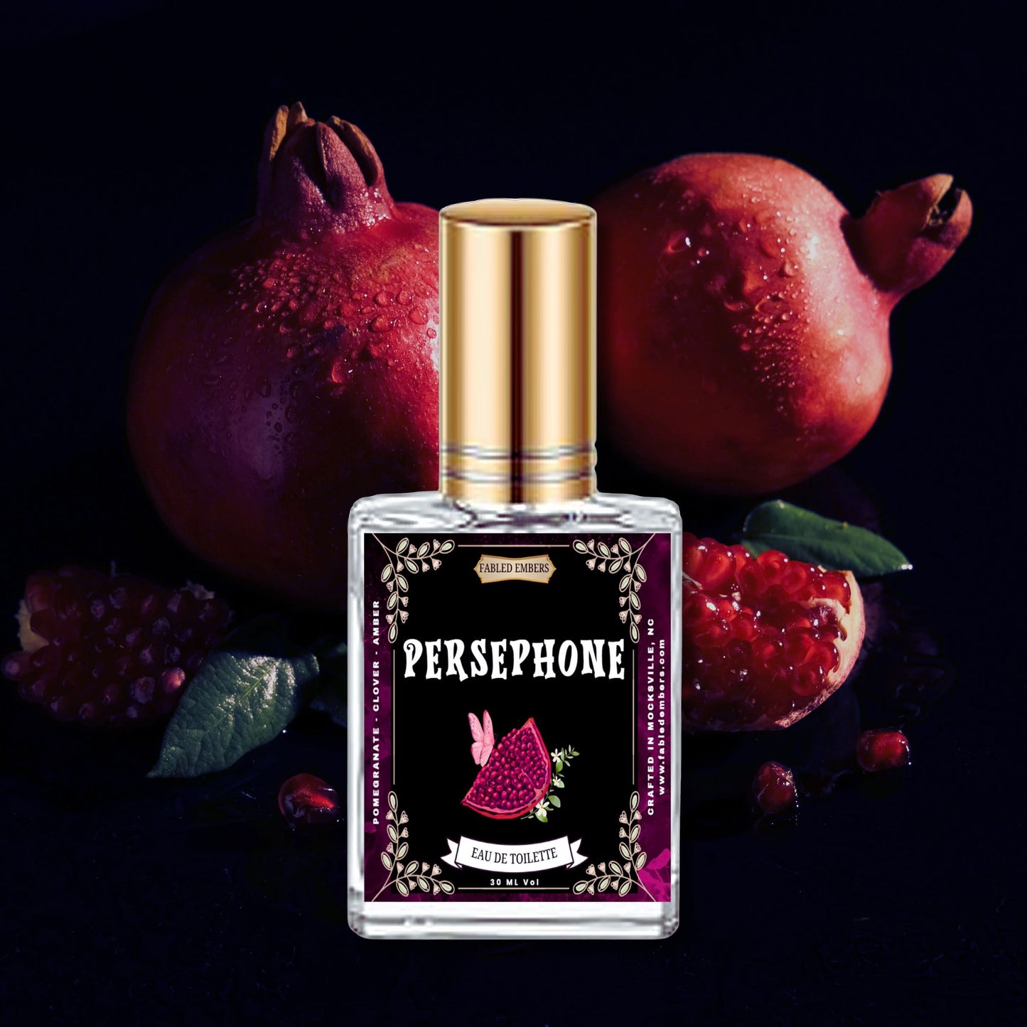 Persephone perfume bottle with pomegranates on a dark background